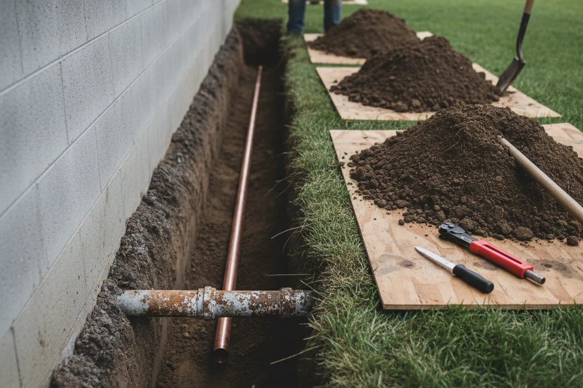 Excavated water line trench during Water Softener Installation in Conneaut